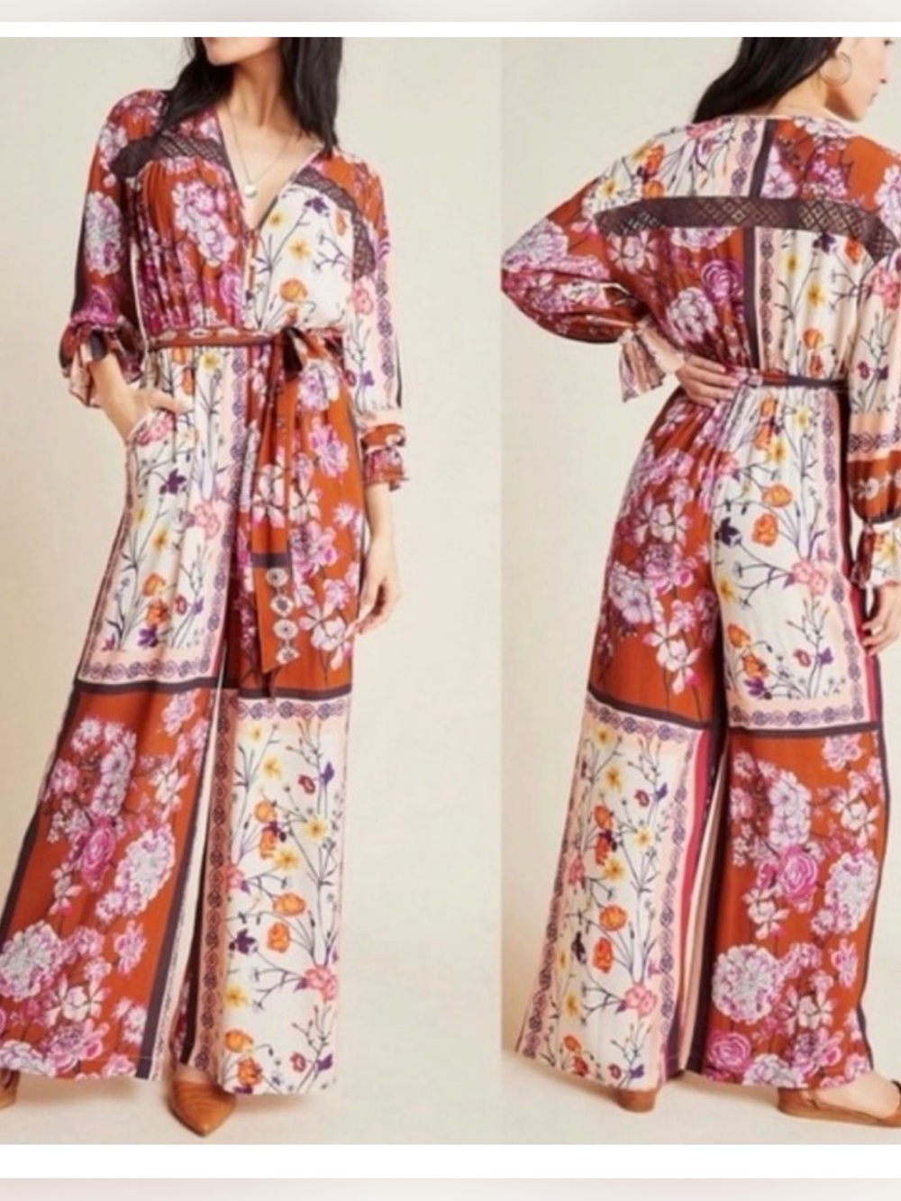 LAIA Anthropologie Women’s Sz XS Fall Floral Print Long Sleeve Boho Jumpsuit